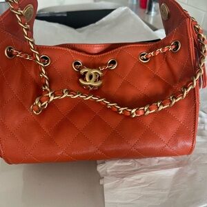 CHANEL Mini Hobo Orange Quilted Shoulder Bag with Gold Chain